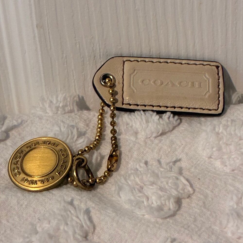 COACH Fob Y2K VINTAGE Round Disc Bag Charm & Cream/Brown Tag Keychain Gold Brass